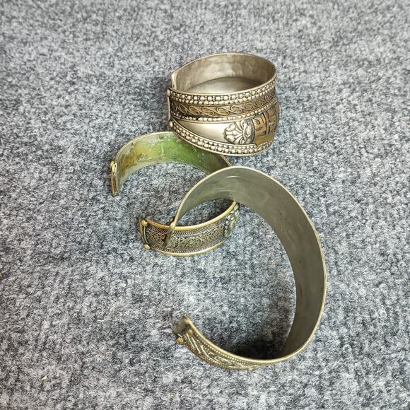 Tibetan Nepal Brass Copper Cuff Bracelets Om Mani Padme Hum Mantra Set of 3 - Picture 7 of 10